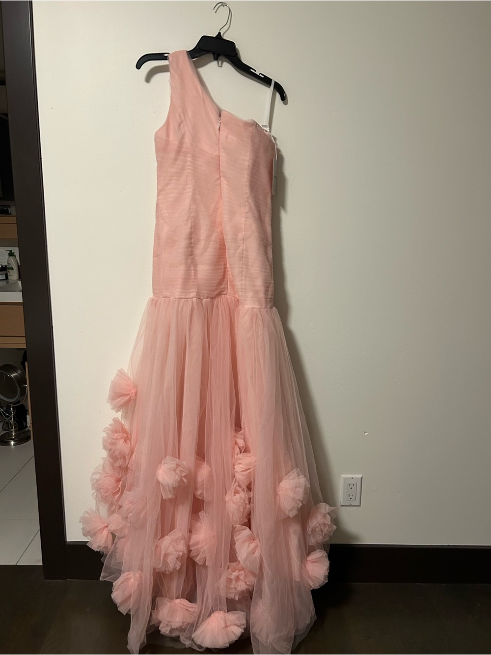 One-Shoulder Blush Rose-Appliqué Evening Gown - Picture 3 of 4